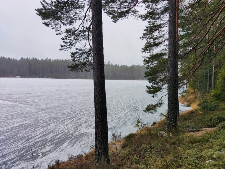 Winterse aanblik van het volledig bevroren Vågsjön-meer in Munkfors, Zweden