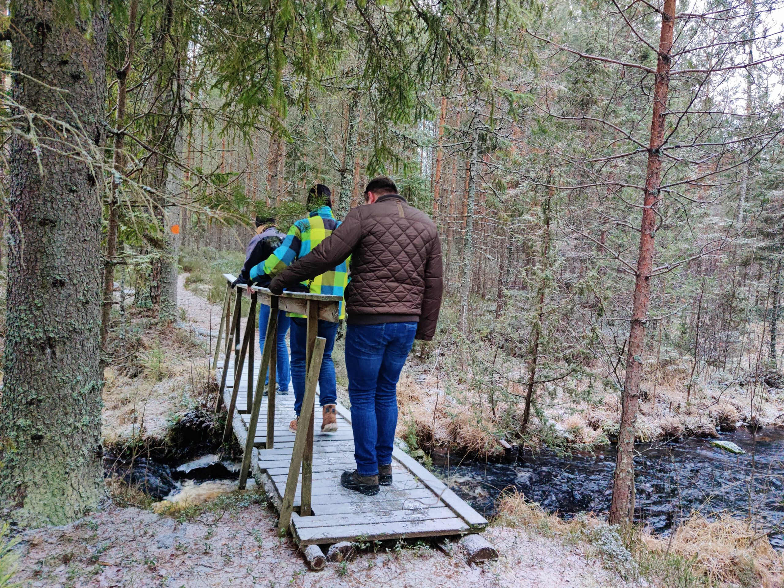 Wandelen over een glad bruggetje langs de wandelroute.