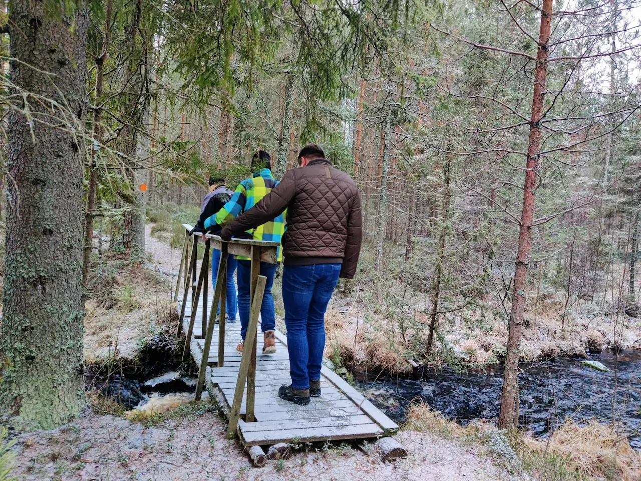 Wandelen over een glad bruggetje langs de wandelroute.