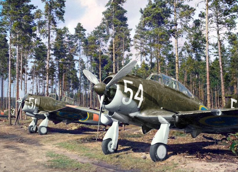 Oude militaire vliegtuigen op de startbaan van het historische Krigsflygfält 16 in het natuurreservaat Brattforsheden.