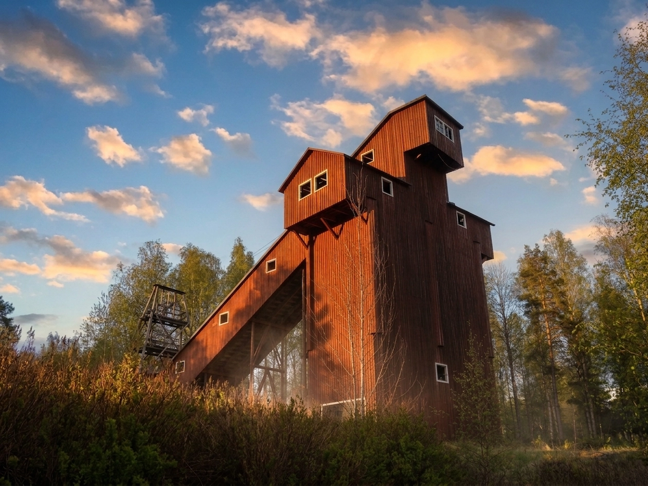 Een hoge, donkerrode houten mijntoren van de Nordmarksmijnen (Nordmarks gruvor) in Zweden tegen een blauwe lucht met wolken, omringd door groene bomen.
