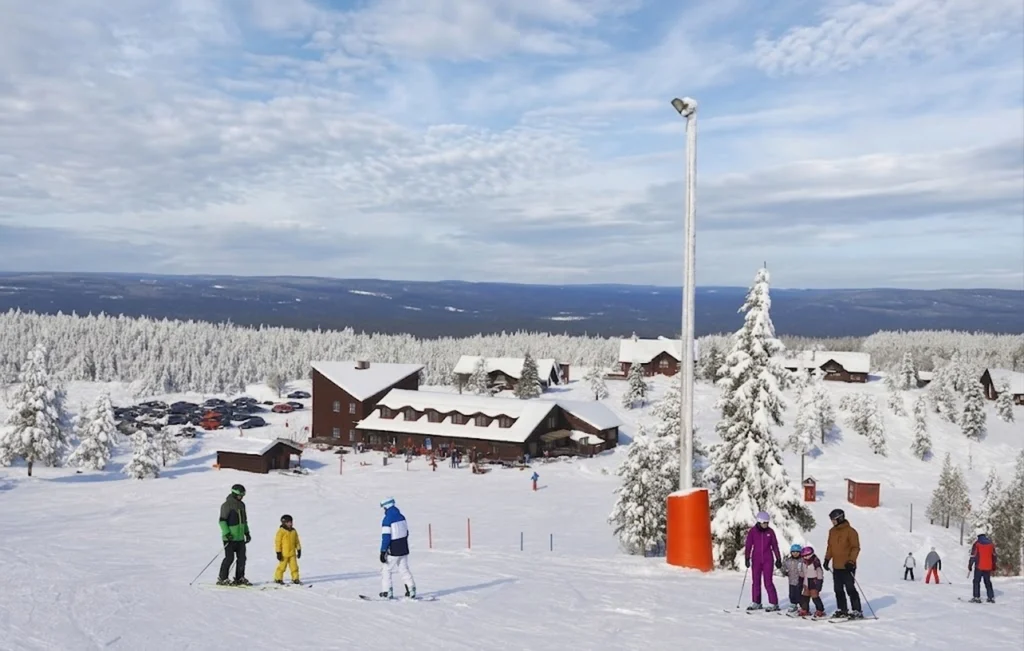 Skifamilies op de piste van skigebied Hovfjället in Värmland met besneeuwde houten chalets en een weids uitzicht over het winterse landschap.